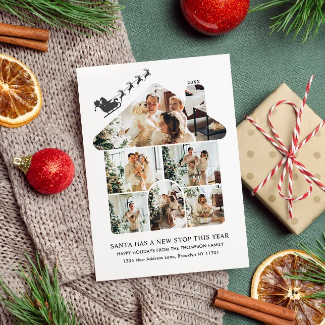 Cartão De Festividades New Home Photo Collage Black Santa Sleigh Moving (Criador carregado)