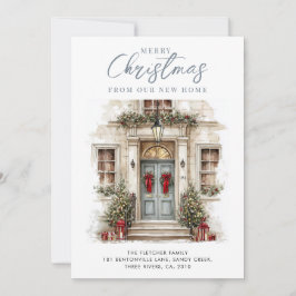 Cartão De Festividades New Home Watercolor Blue Front Door Christmas