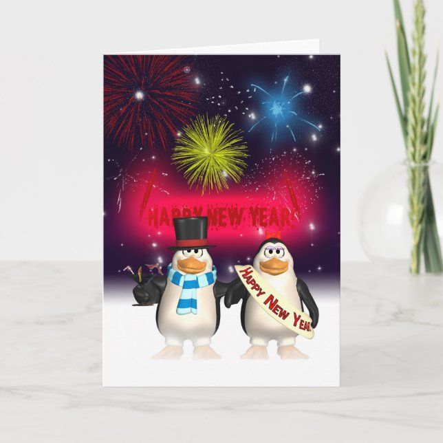 Cartão De Festividades New Year Greeting Card - Happy New Year Penguins (Frente)