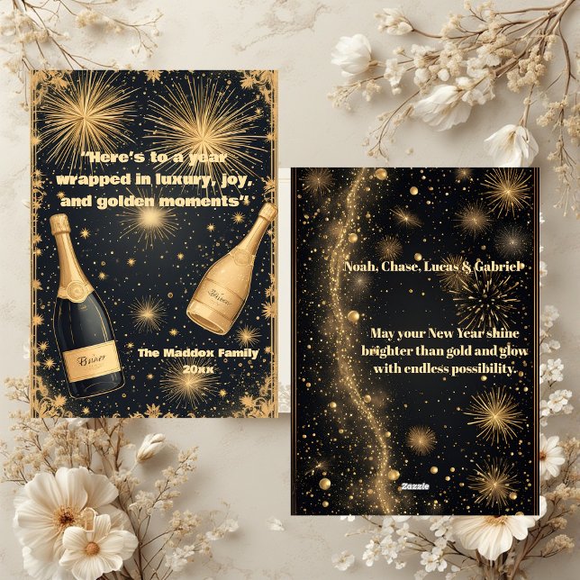 Cartão De Festividades New Year Midnight Gold Champagne Fountain Glimmers (New Year Midnight Gold Champagne Fountain Glimmers Holiday Card)