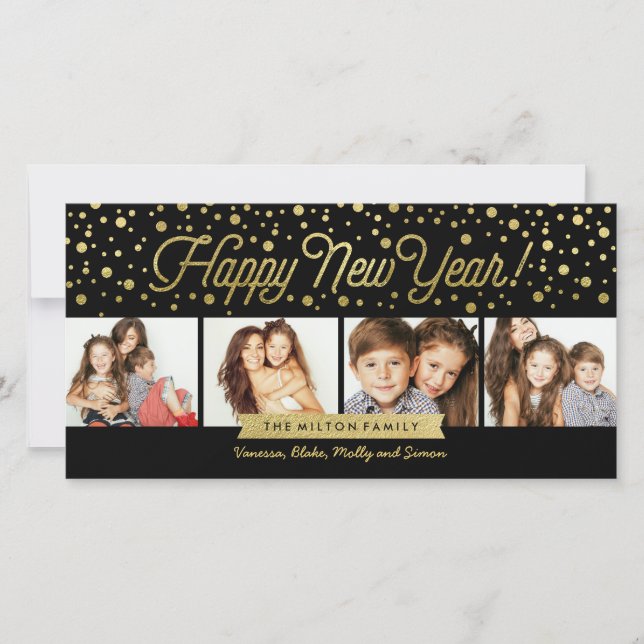 Cartão De Festividades New Years Gold Dots 4-Photo Card (Frente)