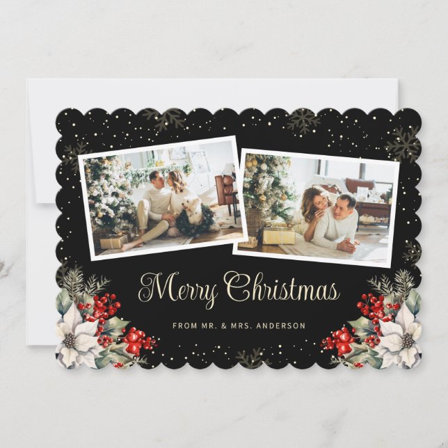 Cartão De Festividades Newlywed 2 Photo Botanical Black Merry Christmas (Frente)