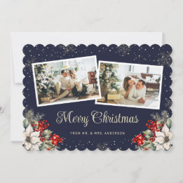 Cartão De Festividades Newlywed 2 Photo Botanical Blue Merry Christmas