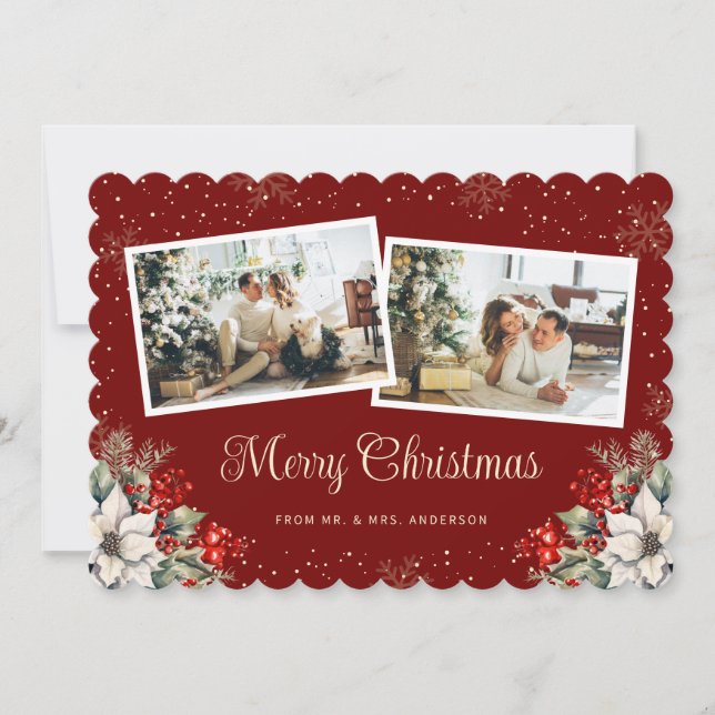 Cartão De Festividades Newlywed 2 Photo Botanical Red Merry Christmas (Frente)