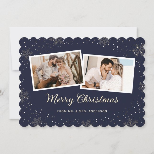 Cartão De Festividades Newlywed 2 Photo Snowflake Blue Merry Christmas (Frente)
