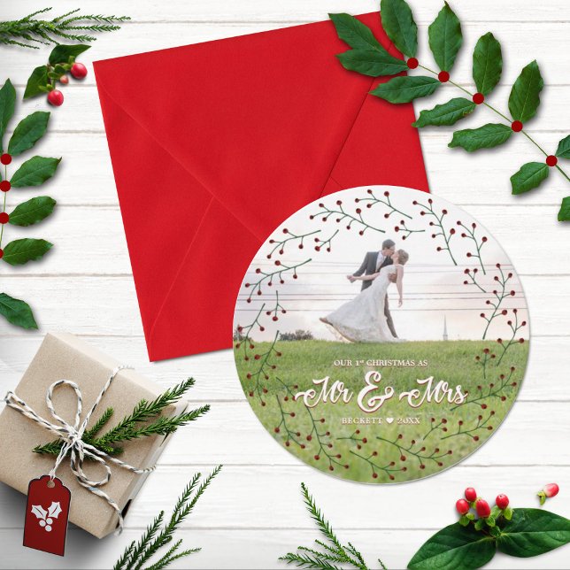 Cartão De Festividades Newlyweds 1rua de Natal Sr. e Sra. Holly Photo (Criador carregado)