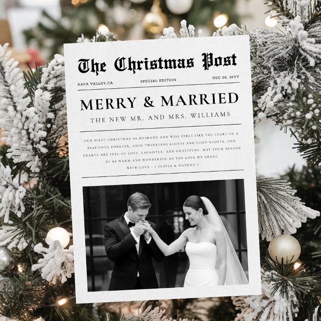 Cartão De Festividades Newspaper Christmas Black and White Newlywed Photo (Criador carregado)