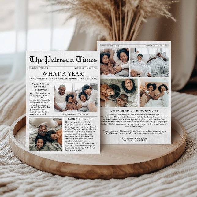 Cartão De Festividades Newspaper Christmas Card 6 Photos Family Holiday (Newspaper Christmas Card, 6 photos Family Holiday Card, Unique What a Year, Year in Review)