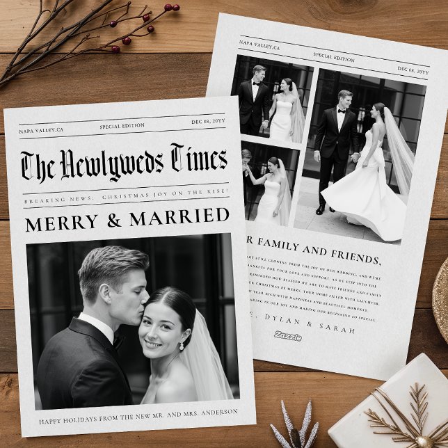 Cartão De Festividades Newspaper Merry And Married Newlywed Wedding Photo (Criador carregado)