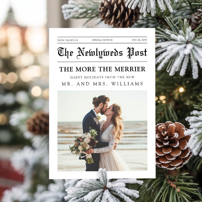 Cartão De Festividades Newspaper Mr & Mrs Newlywed Couple Photo Christmas (Criador carregado)
