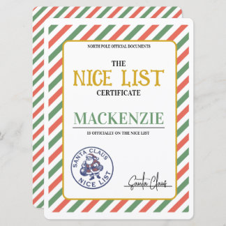 Cartão De Festividades Nice List Certificate Signed by Santa Personalized