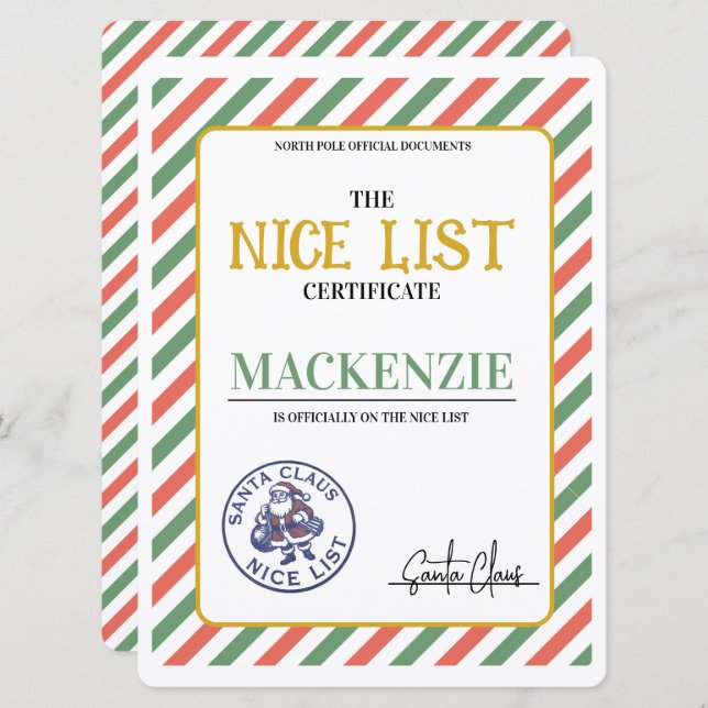 Cartão De Festividades Nice List Certificate Signed by Santa Personalized (Frente/Verso)