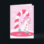 Cartão De Festividades Niece Christmas Ice Skating Snowman<br><div class="desc">Envie a uma sobrinha especial um cartão de Natal rosa,  divertido e festivo,  com um feliz boneco de neve patinando no gelo com uma bengala colorida e flocos de neve em um fundo de rosa claro. Homem de neve cortesia do Bonito Grafik.</div>