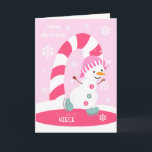 Cartão De Festividades Niece Christmas Ice Skating Snowman<br><div class="desc">Envie a uma sobrinha especial um cartão de Natal rosa,  divertido e festivo,  com um feliz boneco de neve patinando no gelo com uma bengala colorida e flocos de neve em um fundo de rosa claro. Homem de neve cortesia do Bonito Grafik.</div>