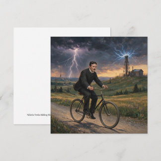 Cartão De Festividades Nikola Tesla andando de bicicleta para seu laborat