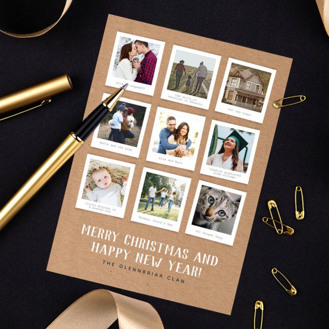 Cartão De Festividades Nine Instant Photo Year in Review (nine instant style square photos Christmas holiday new year photo card year in review recap)
