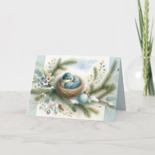 Cartão De Festividades Ninho de Azulinho com Enfeites em Pinheiros de Inv