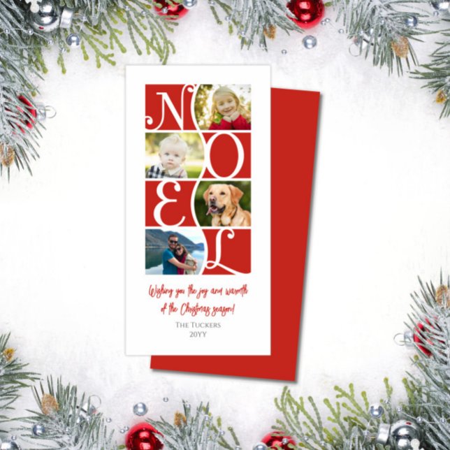 Cartão De Festividades NOEL 4-Photo Red and White Christmas (NOEL Curvy 4-photo Christmas Card)