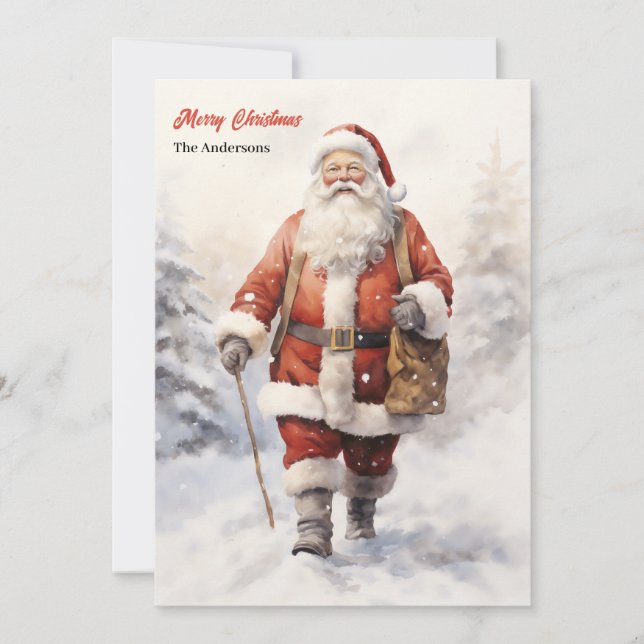 Cartão De Festividades Noel clássico de aquarela em floresta nevada (Frente)