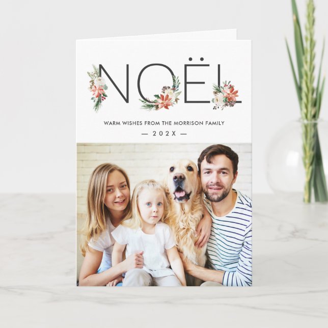 Cartão De Festividades NoEL Typografia Poinsettia Foto Floral Natal (Frente)