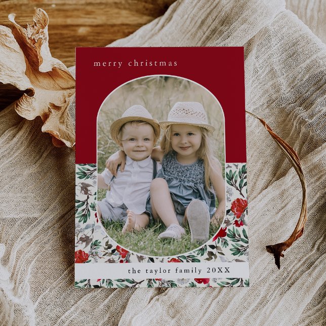 Cartão De Festividades NOELLE Red Floral Pattern Family Foto Natal (NOELLE Red Floral Pattern Family Photo Christmas Holiday Card)