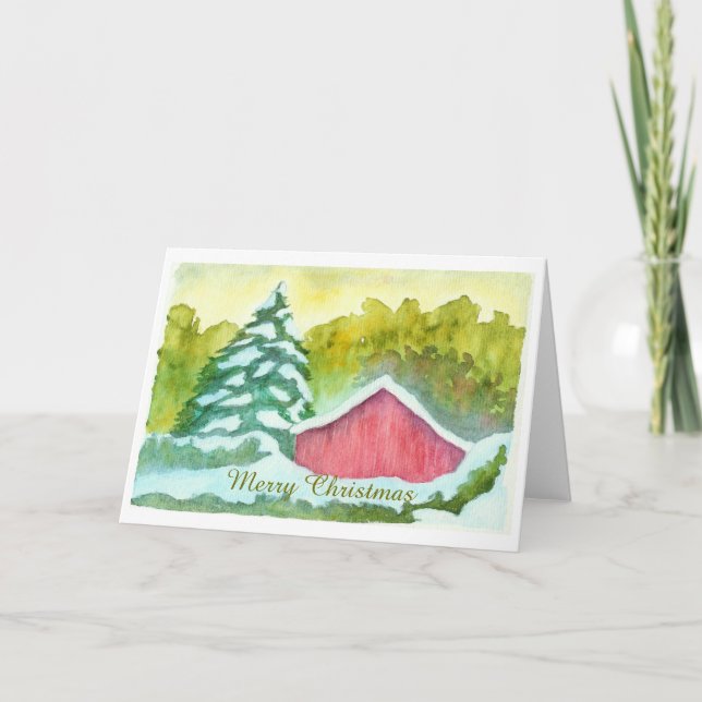 Cartão De Festividades Noite de inverno, Red Barn, Aquarela, Feliz Natal (Frente)