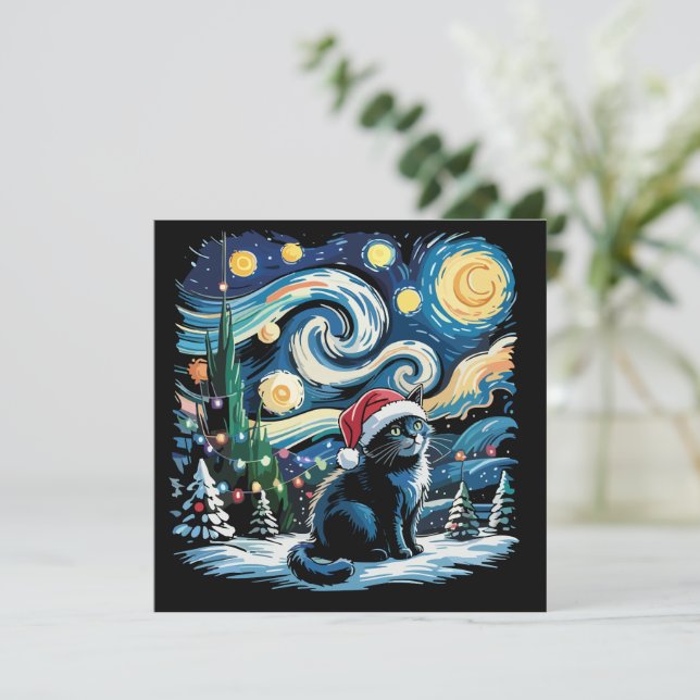 Cartão De Festividades Noite Estrelada de Van Gogh Festiva Gato Preto de  (Em pé/Frente)