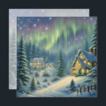 Cartão De Festividades Noite mágica de Natal na floresta sob estrelas<br><div class="desc">Esta carta apresenta uma floresta de inverno nevada à noite com estrelas e auroras no céu. As casas estão brilhantemente iluminadas. Mande Cartões de natal para sua família e amigos! Texto personalizado e traseiro.</div>