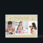 Cartão De Festividades Noite Santa Religiosa Três Fotografias Familiares<br><div class="desc">Um belo cartão de Natal de três fotos da sua família num marfim e design de ouro "Oh Santa Noite". Personalize com três de suas fotos favoritas do ano,  sua saudação e seu nome de família. Este cartão de Natal reverte para um marfim coordenador no verso.</div>