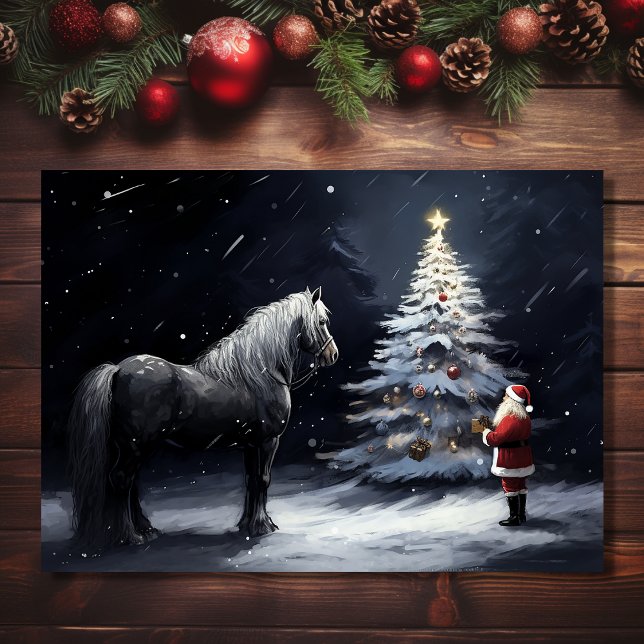 Cartão De Festividades Noite Silenciosa - Bela Égua e Papai Noel no Natal (Front - Silent Night - Beautiful Horse and Santa Christmas Holiday Card)