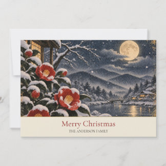 Cartão De Festividades Nome da Família Camélia Vermelha Lua de Neve Japon