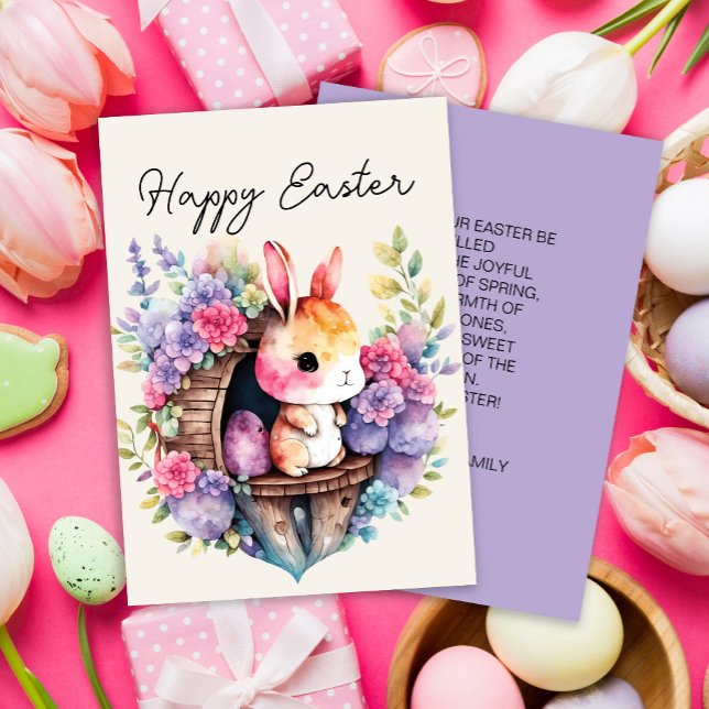 Cartão De Festividades Nome da família coelho bunny fofo feliz Páscoa (Cute Easter bunny with pink and purple flowers greeting card)