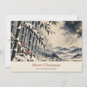 Cartão De Festividades Nome da Família Lua Crescente Bambu de Neve Japonê