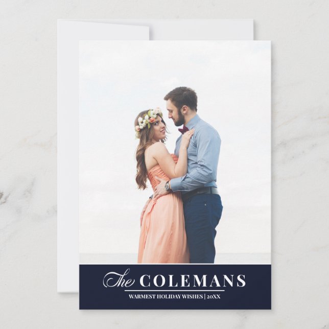 Cartão De Festividades Nome de família elegante Azul | Foto vertical de f (Frente)