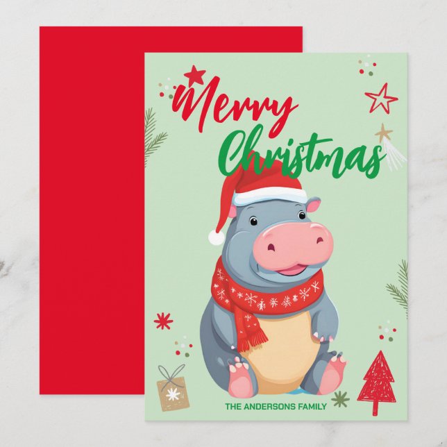 Cartão De Festividades Nome de família Natal do Papai Noel HIPPO fofo (Frente/Verso)