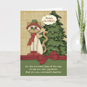Cartão De Festividades Nome do Professor Personalizável Meowy Natal Kitty