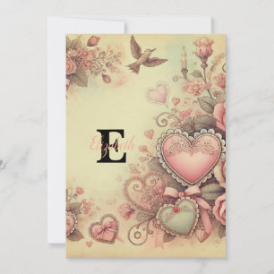 Cartão De Festividades Nome monograma vintage corações floral aquarela 
