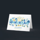 Cartão De Festividades Nome Personalizado de Feriados Felizes de Hanukkah<br><div class="desc">Este design de feriados apresenta o texto "Chanucá" na tipografia azul moderna cercada por ícones como sonhos, menorah, tocha, velas e muito mais. Abaixo está o texto "Felizes Feriados" com seu nome de família. #hanukkah #chanukah #feriados #sazonal #estrela #festiva #starofdavid #menorah #torah #dreidel #oferta #vela #luz #jedesejo #personalizado #nome #personalizado...</div>