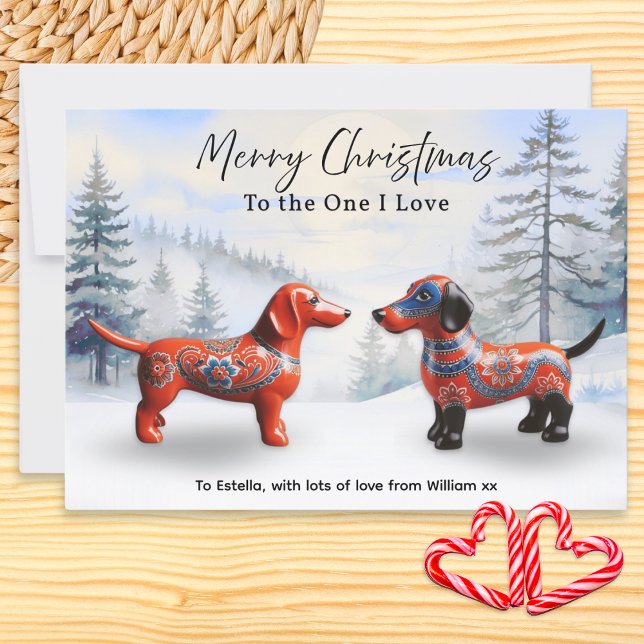 Cartão De Festividades Nórdico Snow Personalizado no Natal (A Christmas card to 'The One I Love' in Nordic style, featuring two decorated dachshunds in the snow)