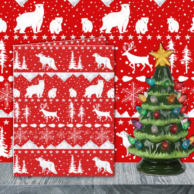 Cartão De Festividades Nórdico, Suores, Vermelho E Branco, Animais De Inv (Nordic Sweater Red And White Winter Animals Holiday Wraparound Graphics Card. Numerous color combos.)