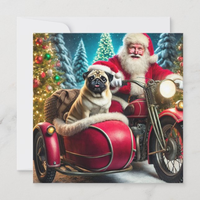 Cartão De Festividades Norman T Pug com Papai Noel e sidecar (Frente)