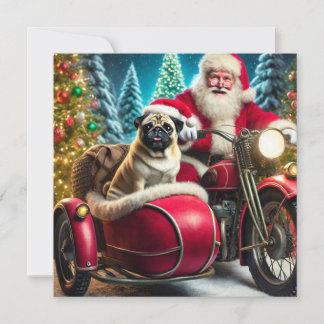 Cartão De Festividades Norman T Pug com Papai Noel e sidecar