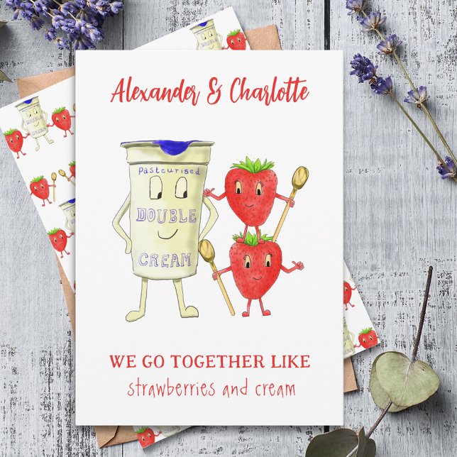 Cartão De Festividades Nós combinamos como Morangos e Creme (We go together like Strawberries & cream cute cartoon couple quote personalized Valentine’s Day card)