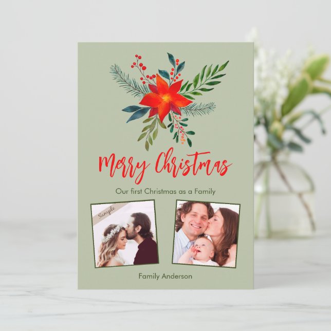 Cartão De Festividades Nossa Primeira Família de Natal, Foto Personalizad (Em pé/Frente)