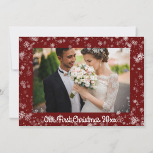Cartão De Festividades Nossa Primeira Foto de Natal Típica Vermelha Neve
