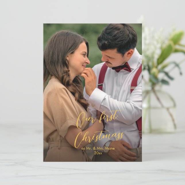 Cartão De Festividades Nossa primeira foto do nome do script chic natalin (Em pé/Frente)