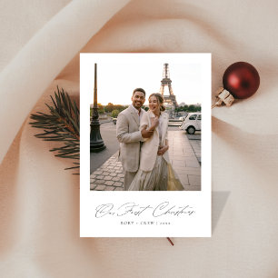 Cartão De Festividades Nossa Primeira Foto do Script Elegante de Natal Re