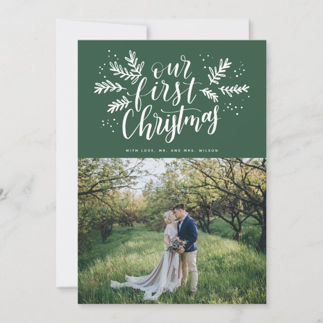 Cartão De Festividades Nossa Primeira Foto Newlywn, com Letra de Natal (Frente)