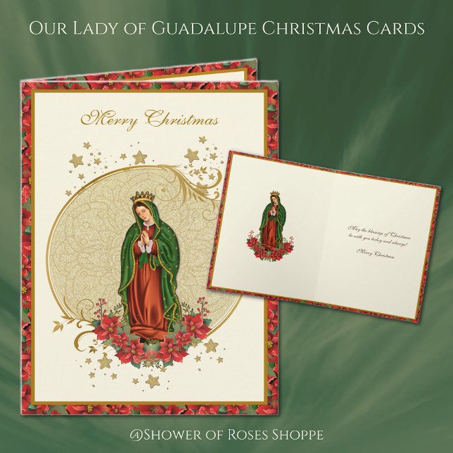 Cartão De Festividades Nossa Senhora de Guadalupe no Natal Pointsettia (Our Lady of Guadalupe Christmas Cards - Easy to personalize! )