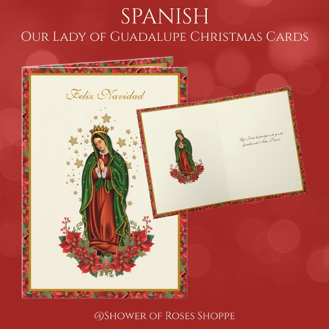 Cartão De Festividades Nossa Senhora de Guadalupe no Natal Pointsettia (Spanish Our Lady of Guadalupe Christmas Cards - Easy to personalize! )